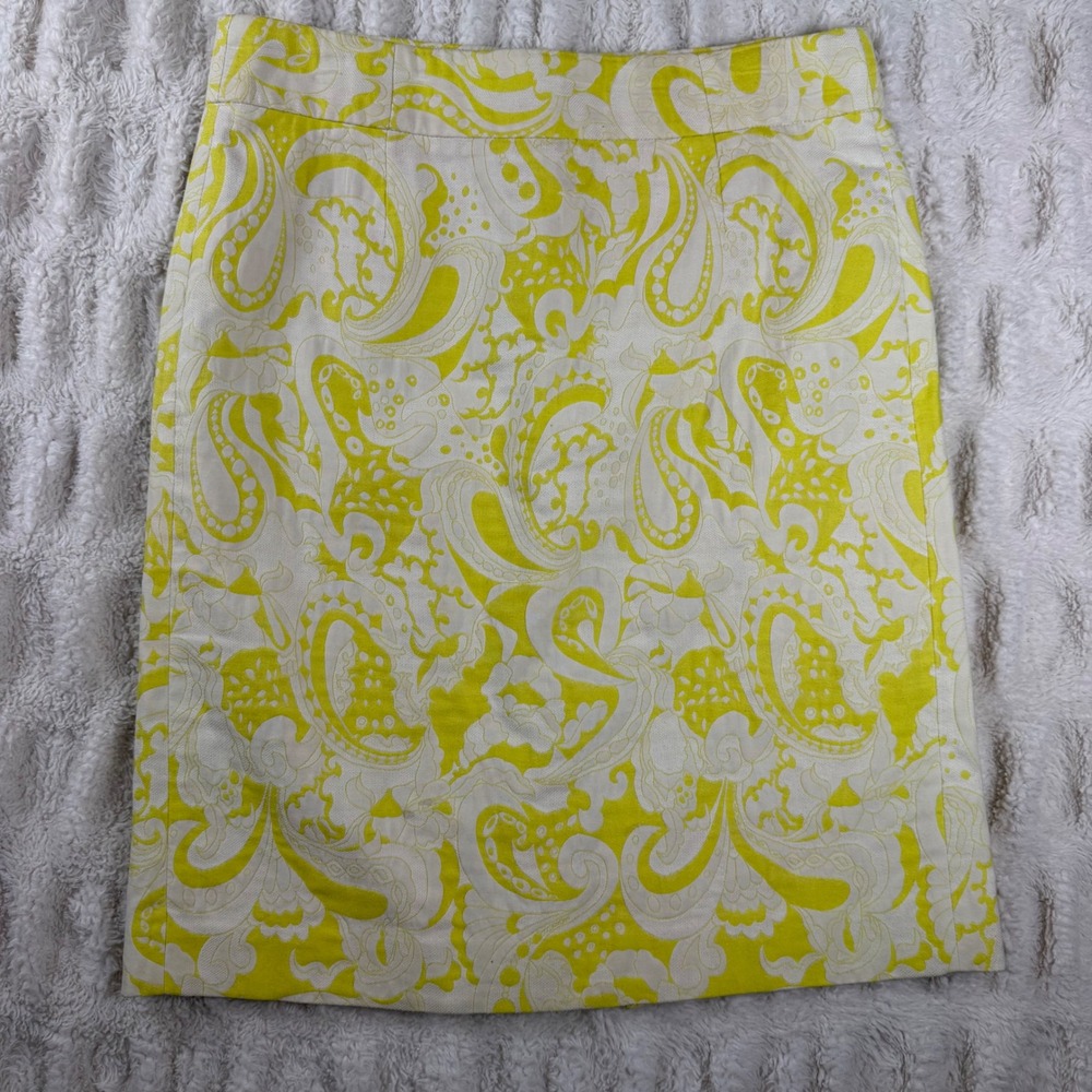 J.Crew Yellow Paisley Jacquard Pencil Skirt Size 6 Style 93390 Cotton Blend
